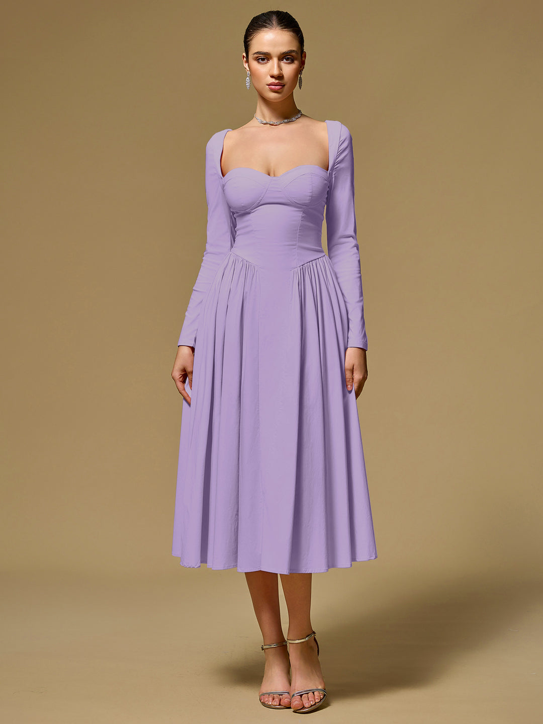 A-Line Long Sleeve Tie Back Dress#color_lilac