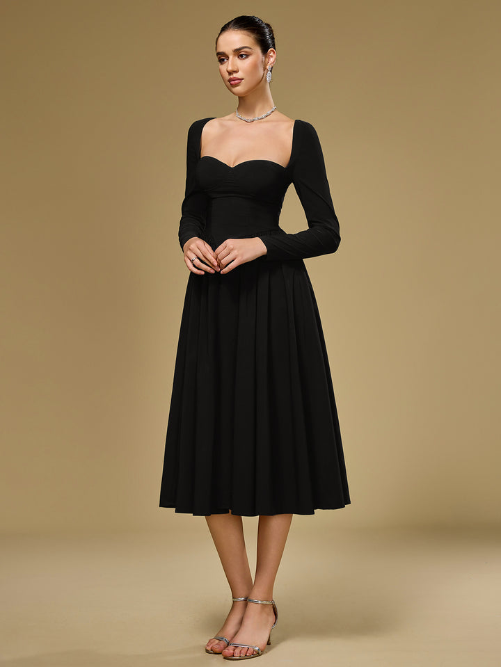 a-line long sleeve tie back dress#color_black