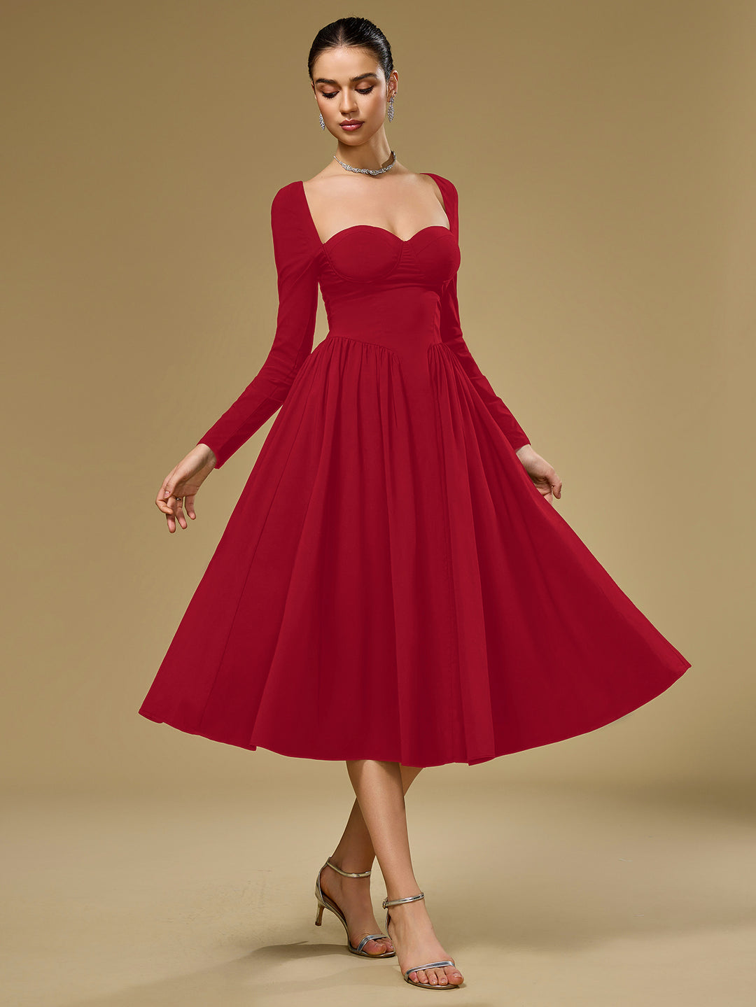 Long Sleeve Tie Back A-Line Dress, Red / XS Long Sleeve Tie Back A-Line Dress, Red / XS