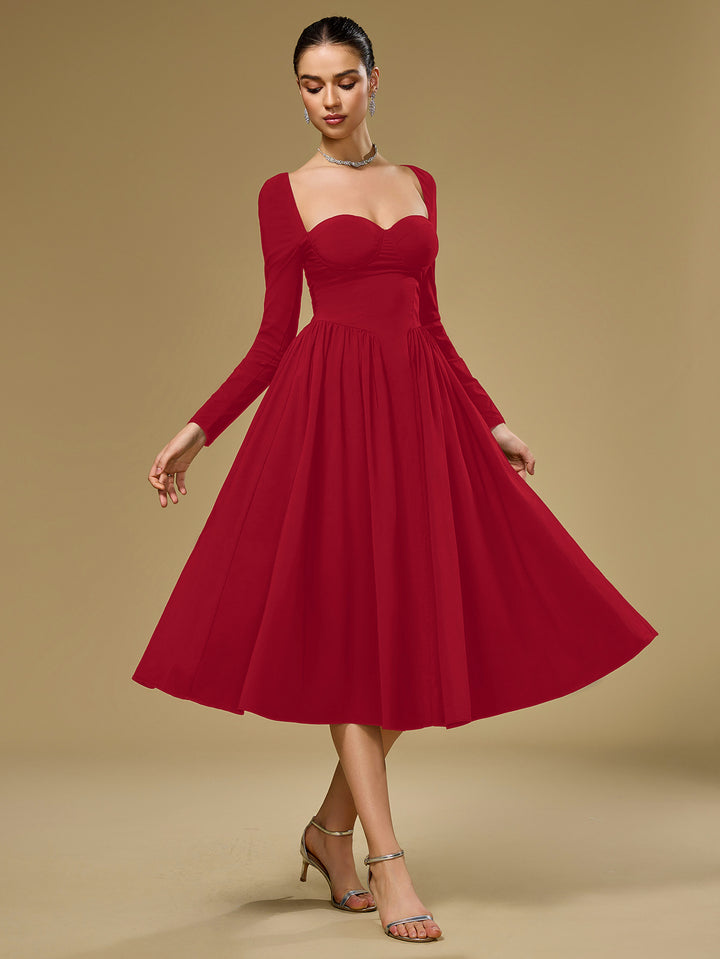 a-line tie back long sleeve dress#color_red