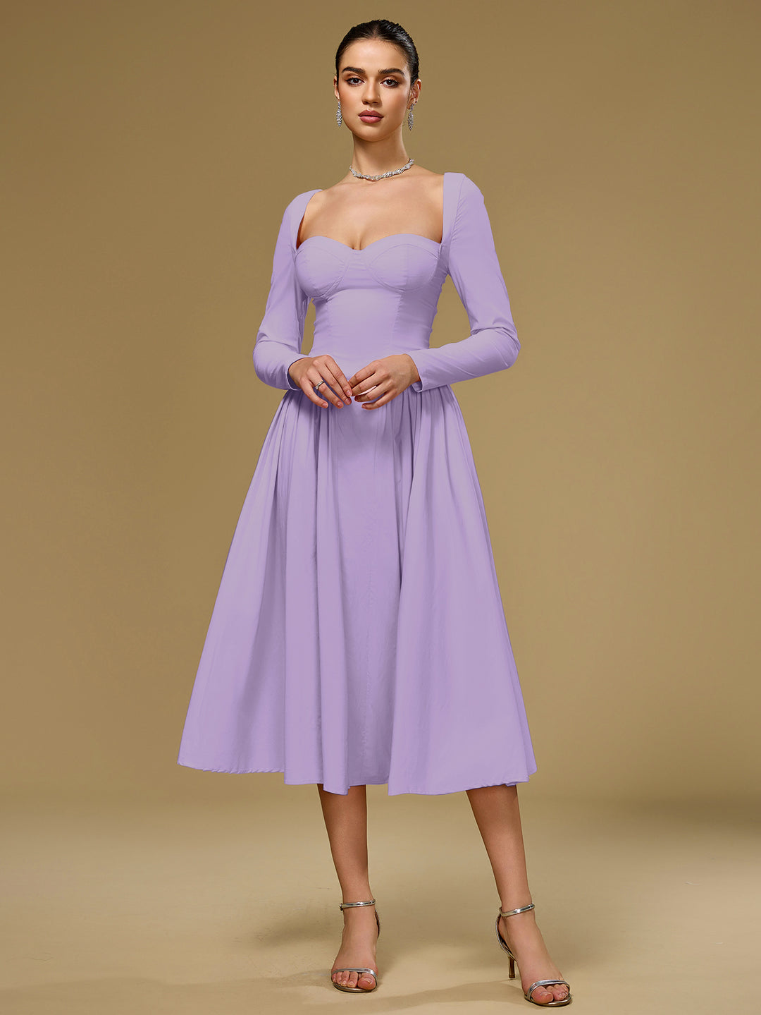 A-Line Tie Back Long Sleeve Dress#color_lilac