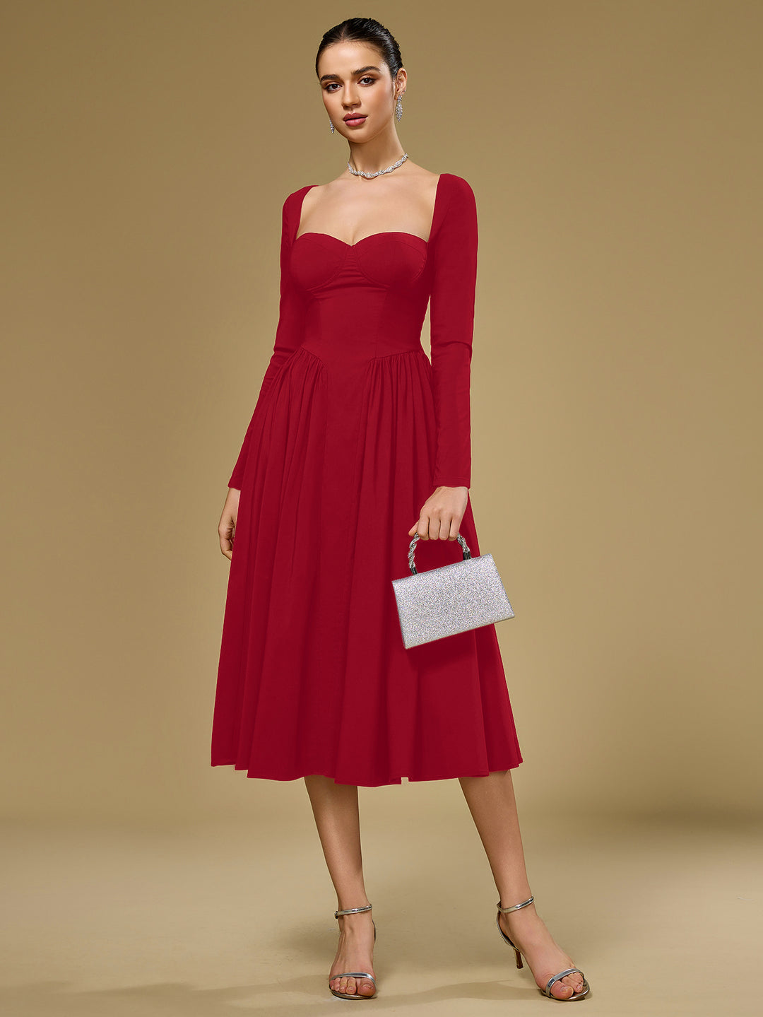 Long Sleeve Tie Back A-Line Dress, Red / XS Long Sleeve Tie Back A-Line Dress, Red / XS