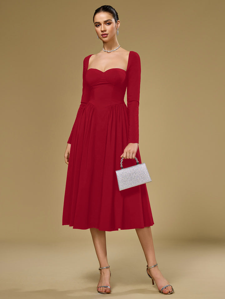tie back a-line long sleeve dress#color_red