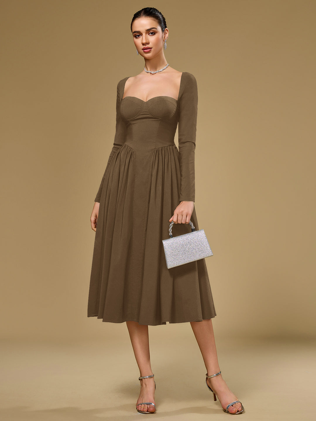 A-Line Tie Back Long Sleeve Dress#color_brown