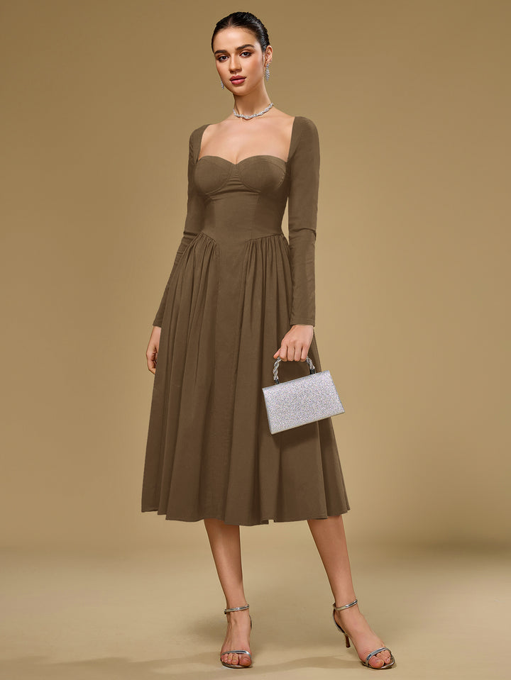 A-Line Tie Back Long Sleeve Dress#color_brown