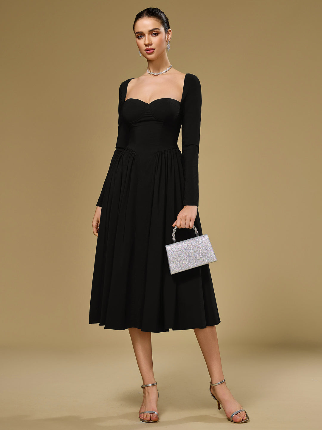 a-line tie back long sleeve dress#color_black
