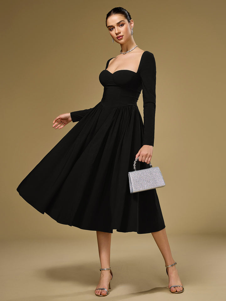 long sleeve tie back a-line dress#color_black