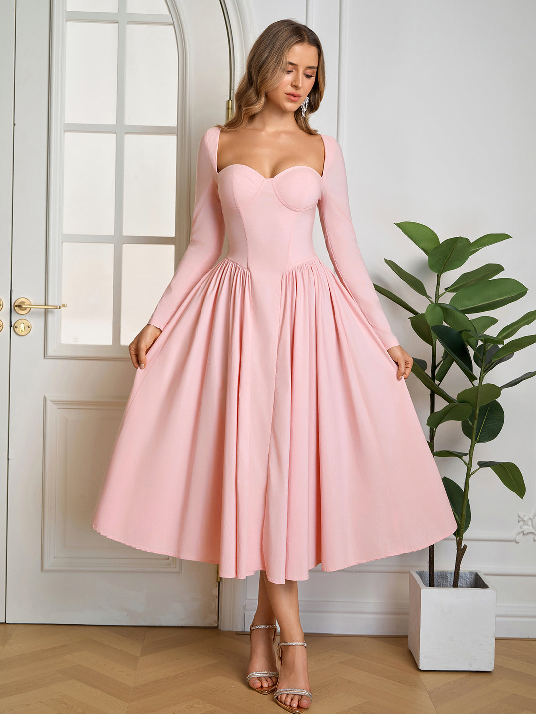 Long Sleeve Tie Back A-Line Dress#color_pink