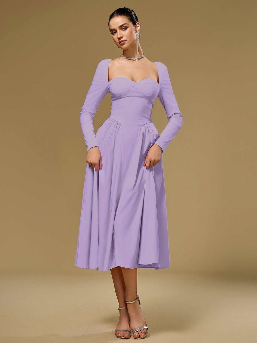 Long Sleeve Tie Back A-Line Dress#color_lilac