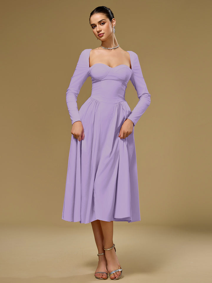 Long Sleeve Tie Back A-Line Dress#color_lilac