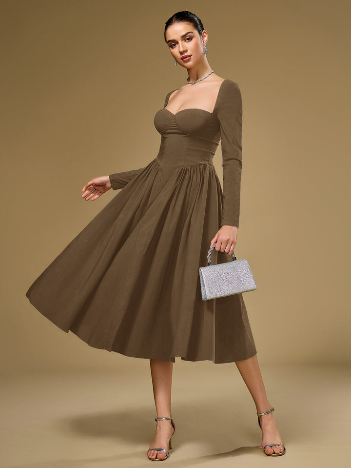 Long Sleeve Tie Back A-Line Dress#color_brown