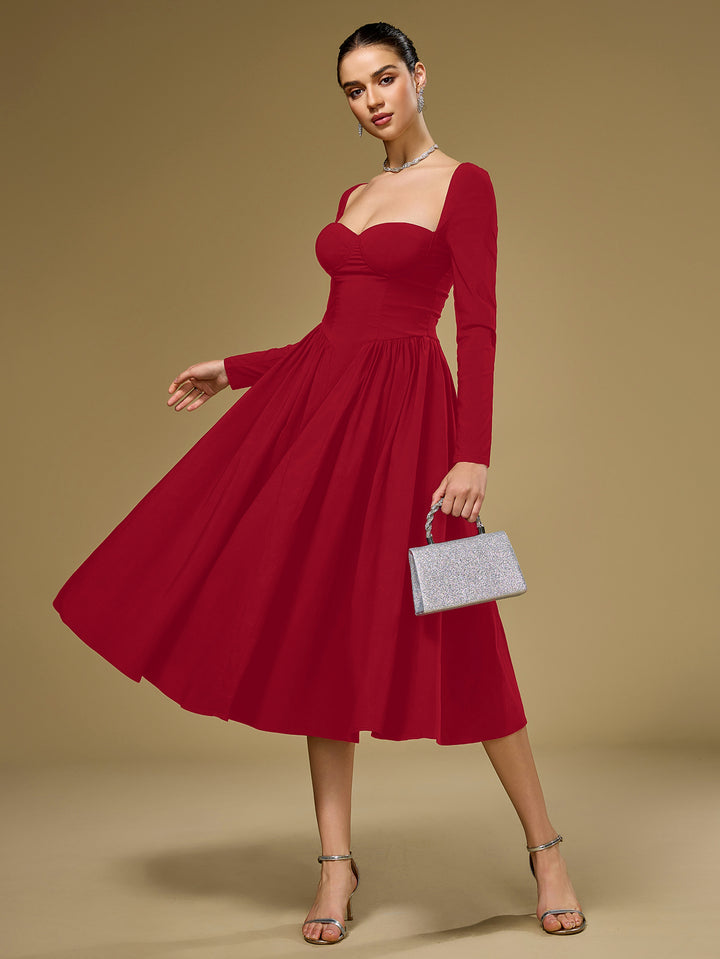 long sleeve tie back  a-line dress#color_red