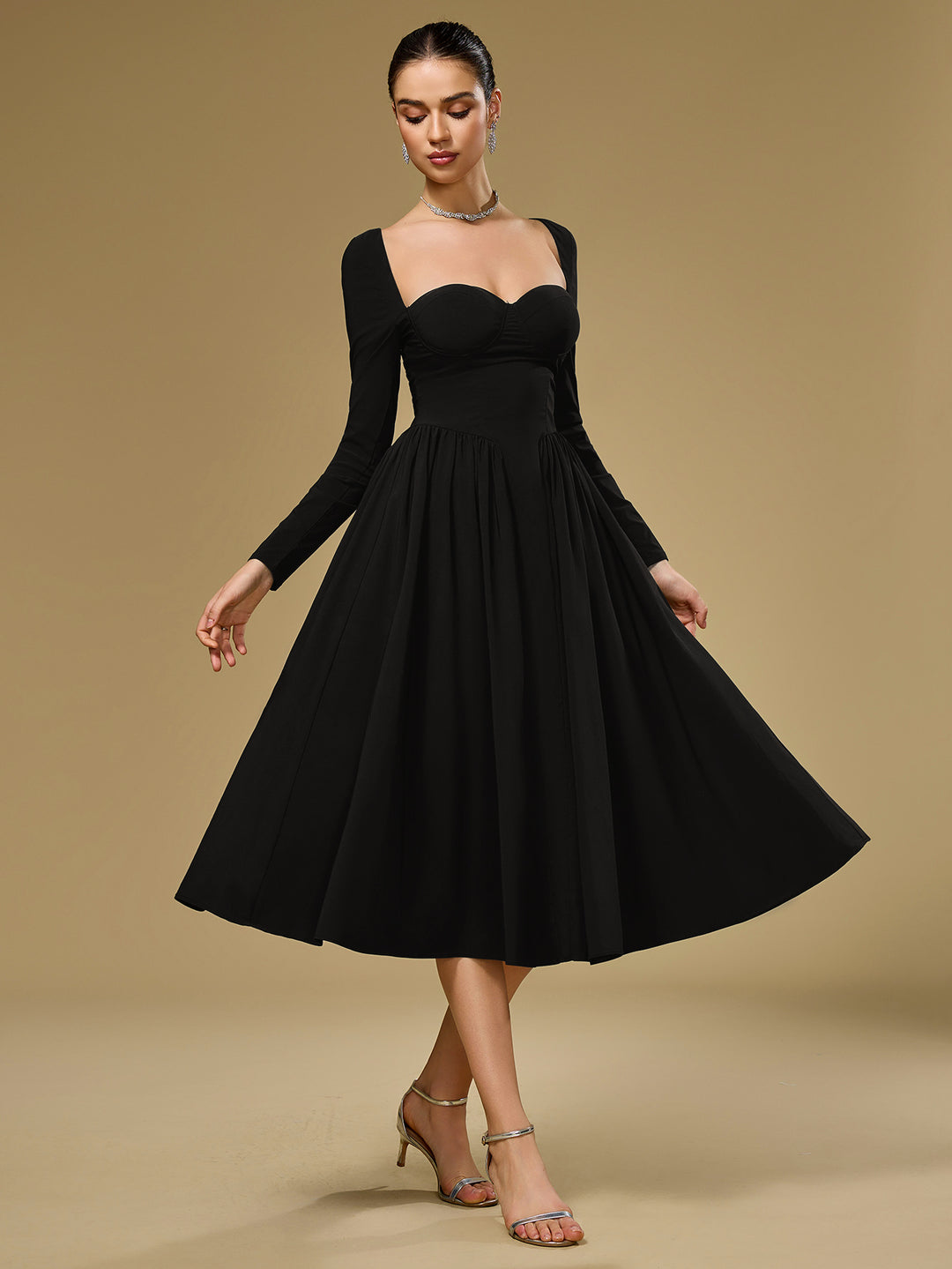 tie back a-line long sleeve dress#color_black