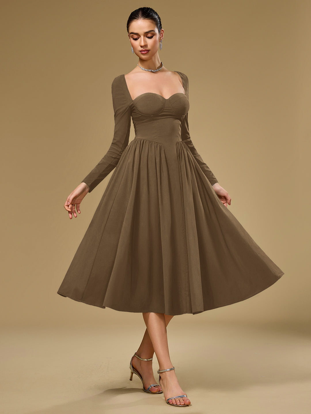 Tie Back A-Line Long Sleeve Dress#color_brown