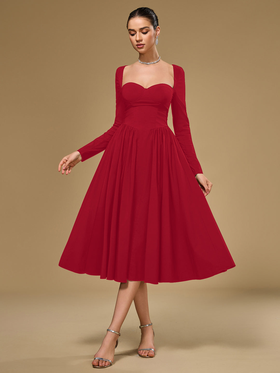 long sleeve a-line tie back dress#color_red