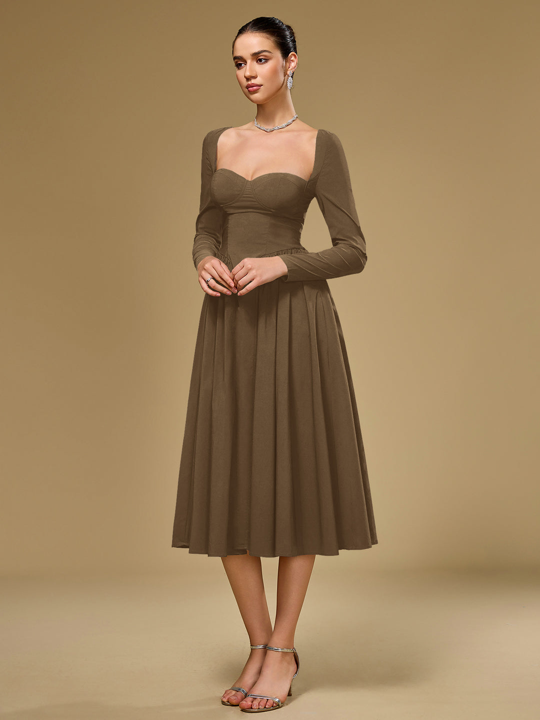 Tie Back Long Sleeve A-Line Dress#color_brown