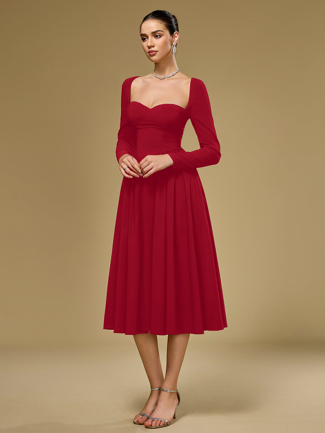 a-line long sleeve tie back dress#color_red
