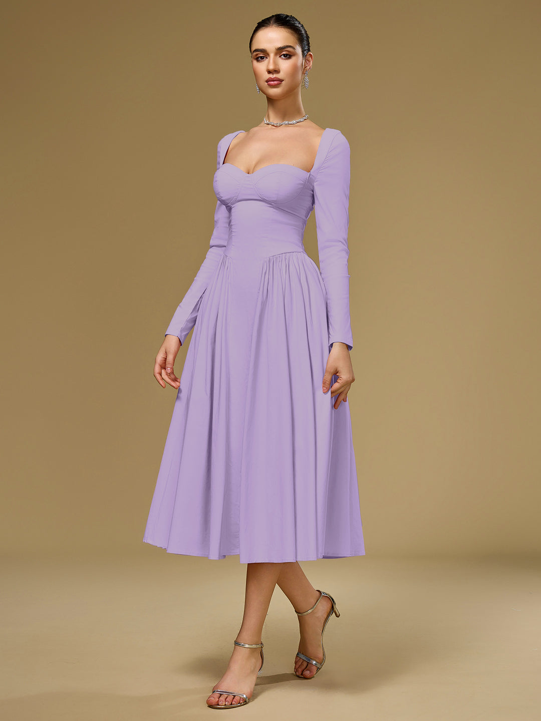 Tie Back Long Sleeve A-Line Dress#color_lilac