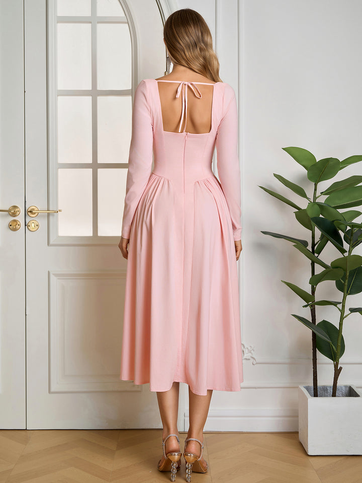 Long Sleeve A-Line Tie Back Dress#color_pink