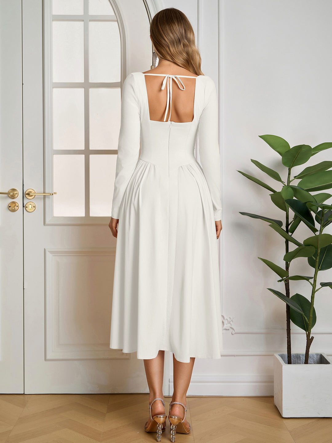 Long Sleeve A-Line Tie Back Dress#color_white