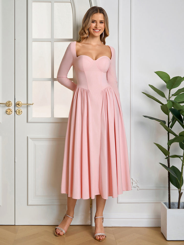 A-Line Tie Back Long Sleeve Dress#color_pink