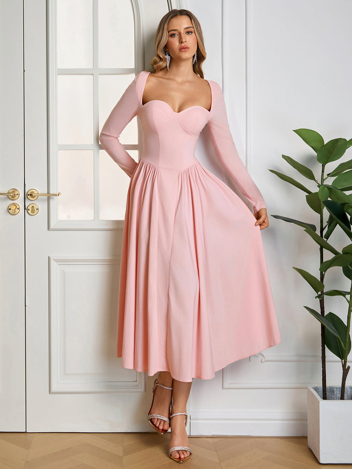 A-Line Long Sleeve Tie Back Dress#color_pink