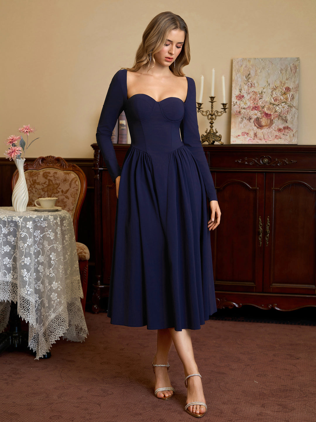 A-Line Long Sleeve Tie Back Dress#color_darkblue