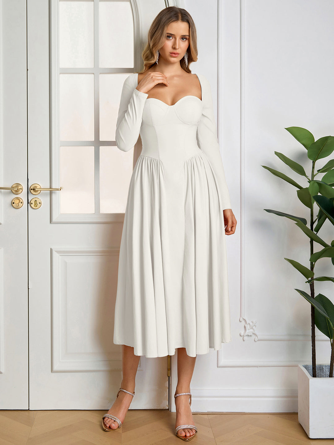 A-Line Long Sleeve Tie Back Dress#color_white