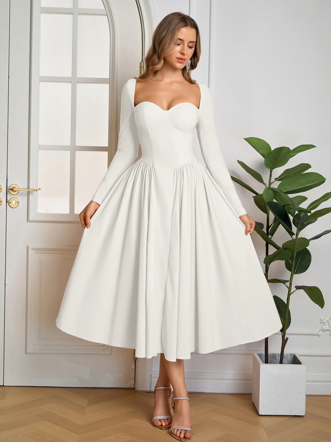 Long Sleeve Tie Back A-Line Dress#color_white