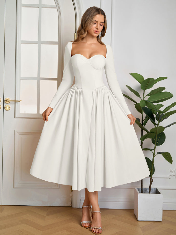 Long Sleeve Tie Back A-Line Dress#color_white