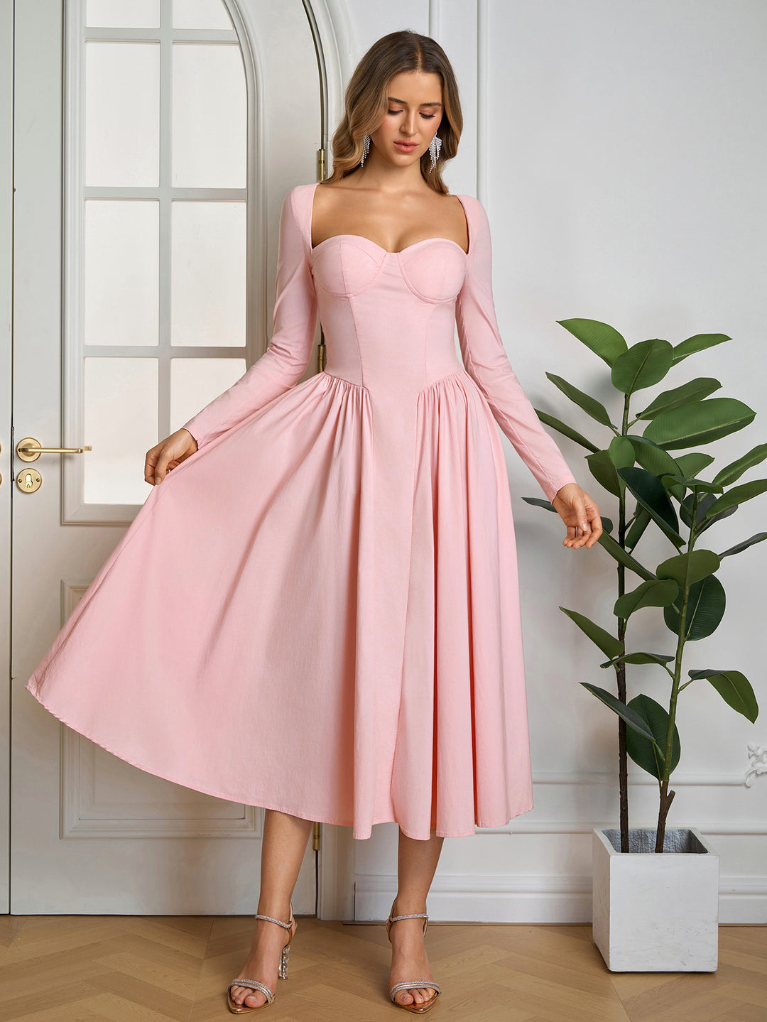 Tie Back A-Line Long Sleeve Dress#color_pink