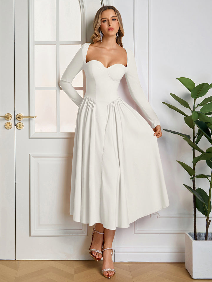 Tie Back A-Line Long Sleeve Dress#color_white