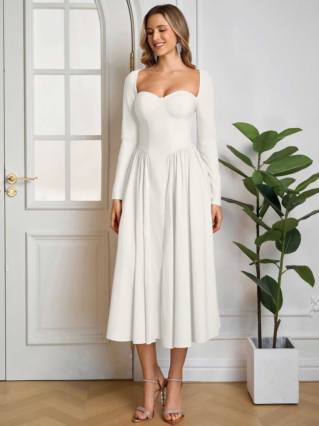 Tie Back Long Sleeve A-Line Dress#color_white