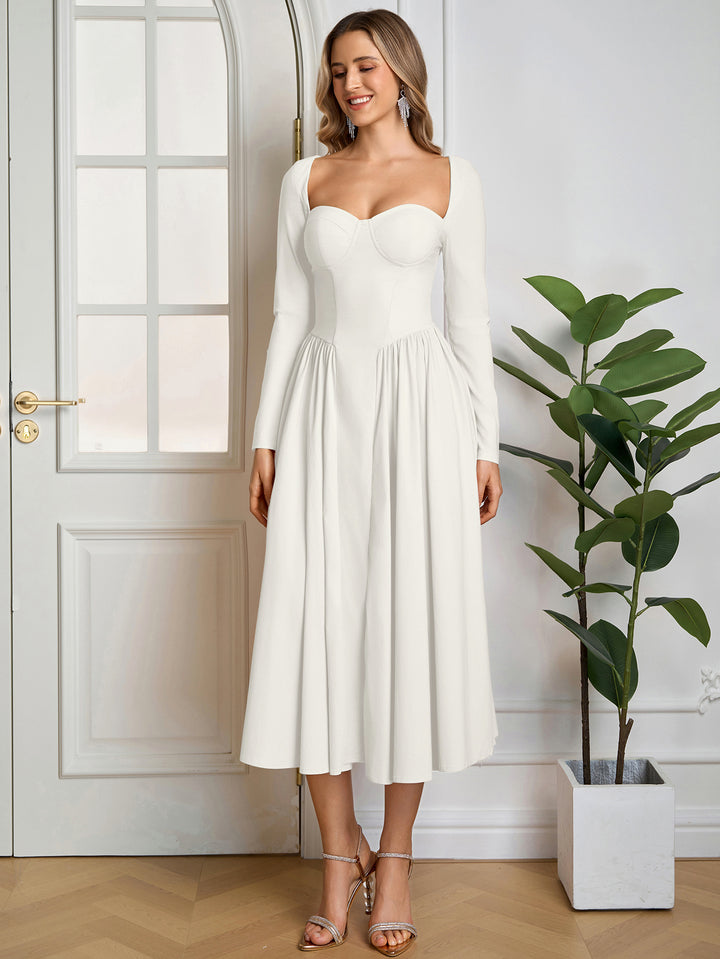 Tie Back Long Sleeve A-Line Dress#color_white