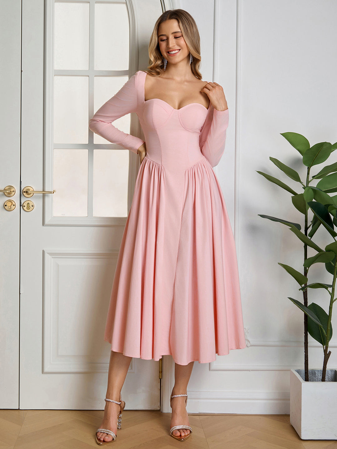 Tie Back Long Sleeve A-Line Dress#color_pink