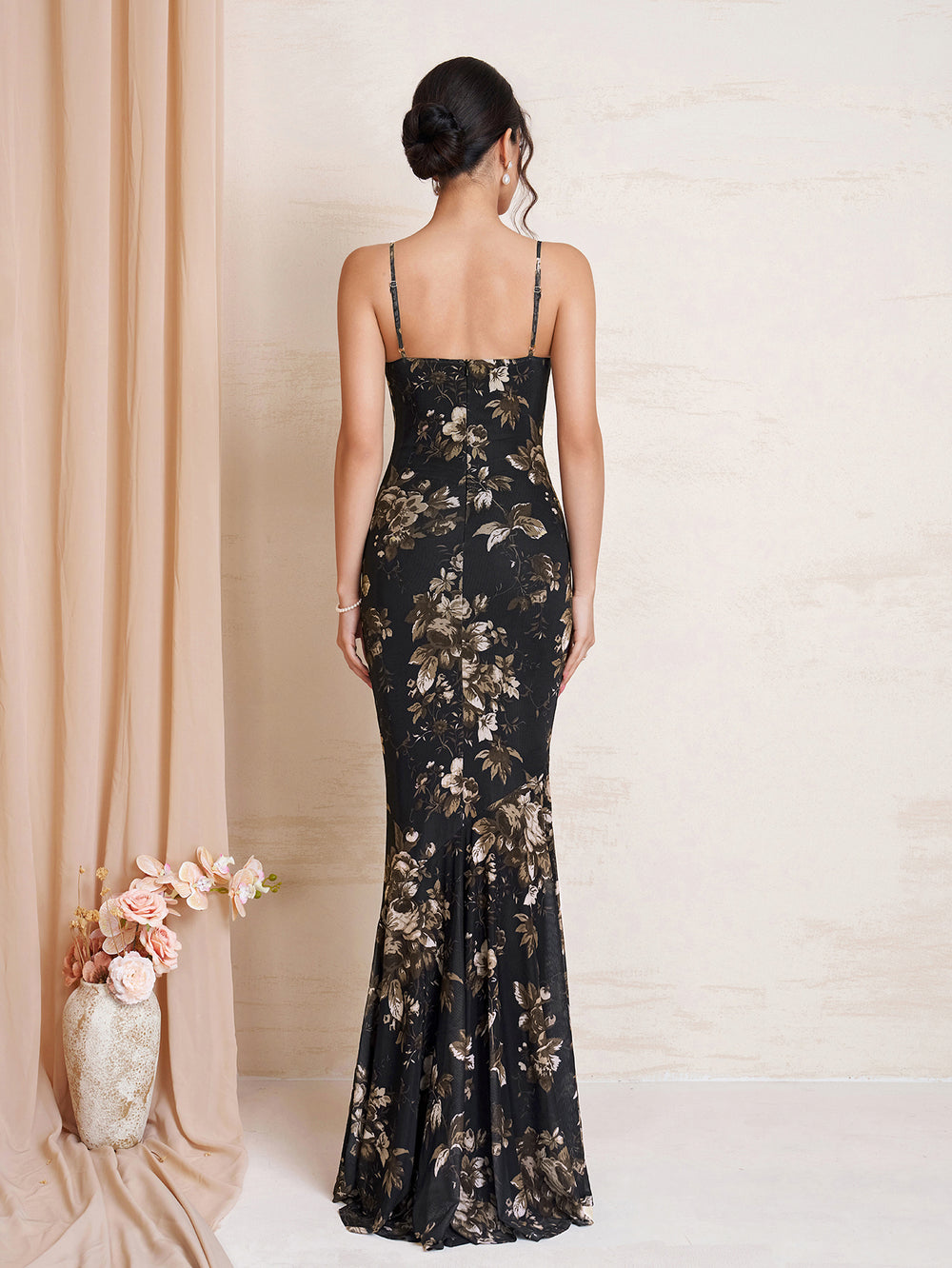 Mermaid Hem Floral Print Bodycon Mesh Dress#color_blackfloral