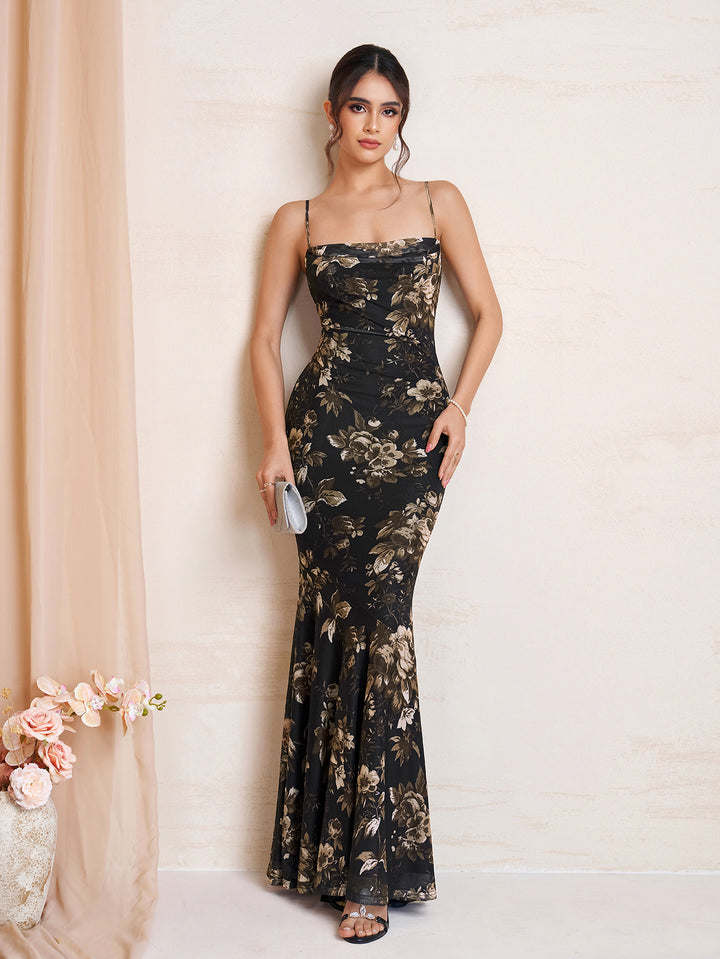 Mermaid Hem Bodycon Mesh Floral Print Dress