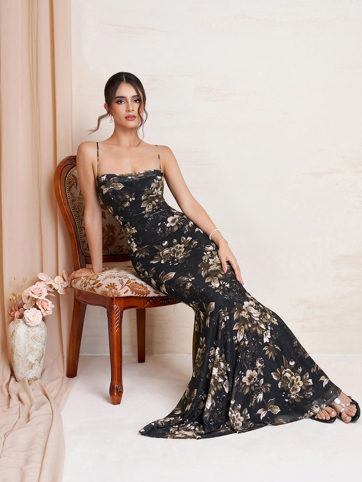 Bodycon Floral Print Mermaid Hem Mesh Dress