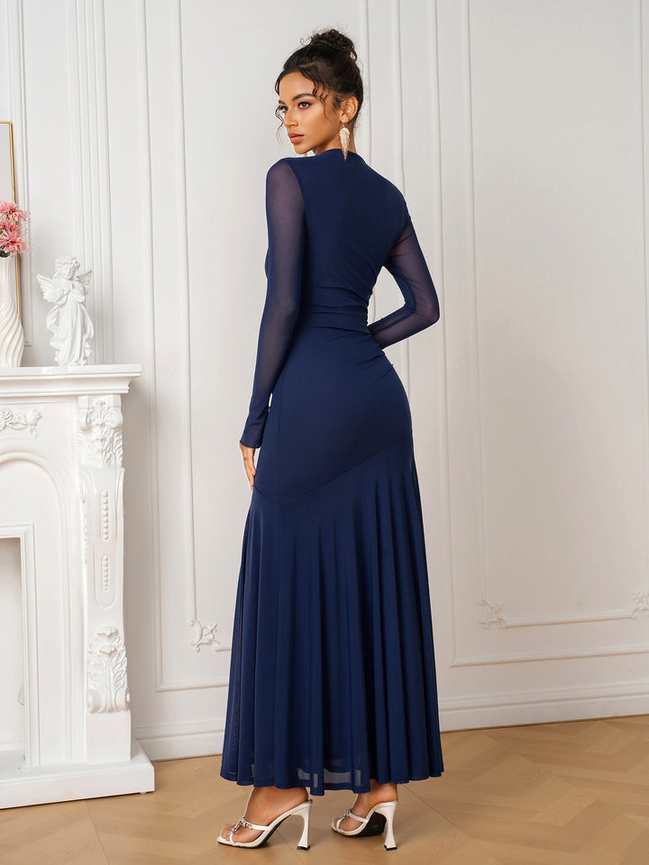 Mermaid Long Sleeve Ruched Solid Mesh Dress