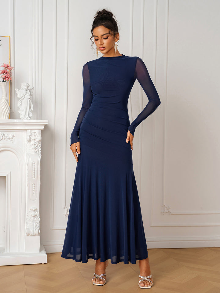 Long Sleeve Ruched Mermaid Solid Mesh Dress