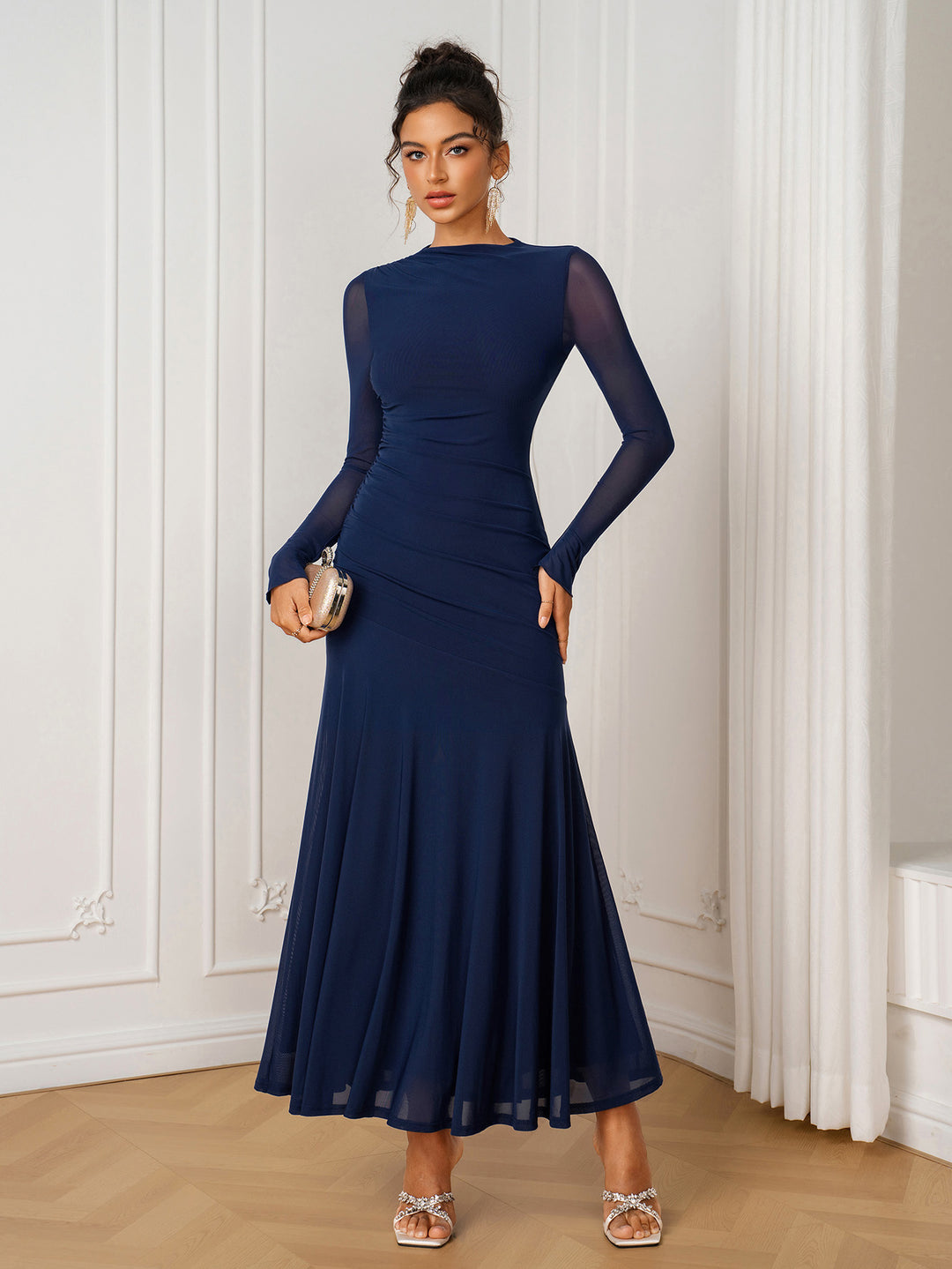 Long Sleeve Mermaid Ruched Solid Mesh Dress