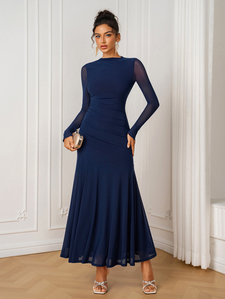 Long Sleeve Mermaid Ruched Solid Mesh Dress