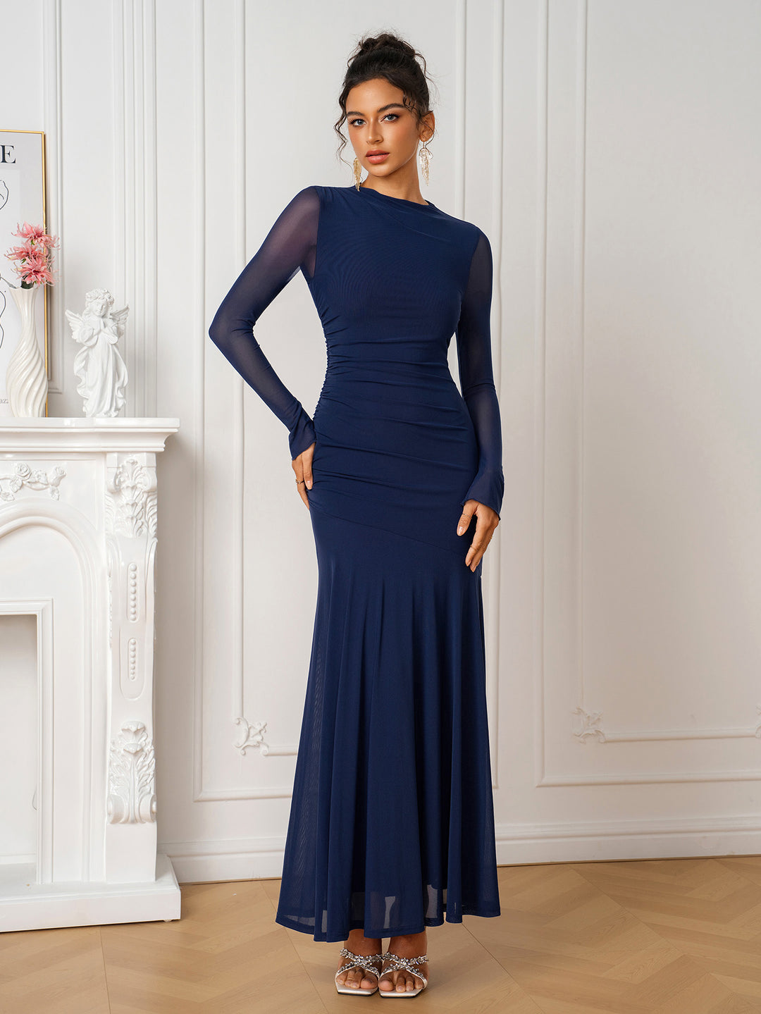 Mermaid Ruched Long Sleeve Solid Mesh Dress