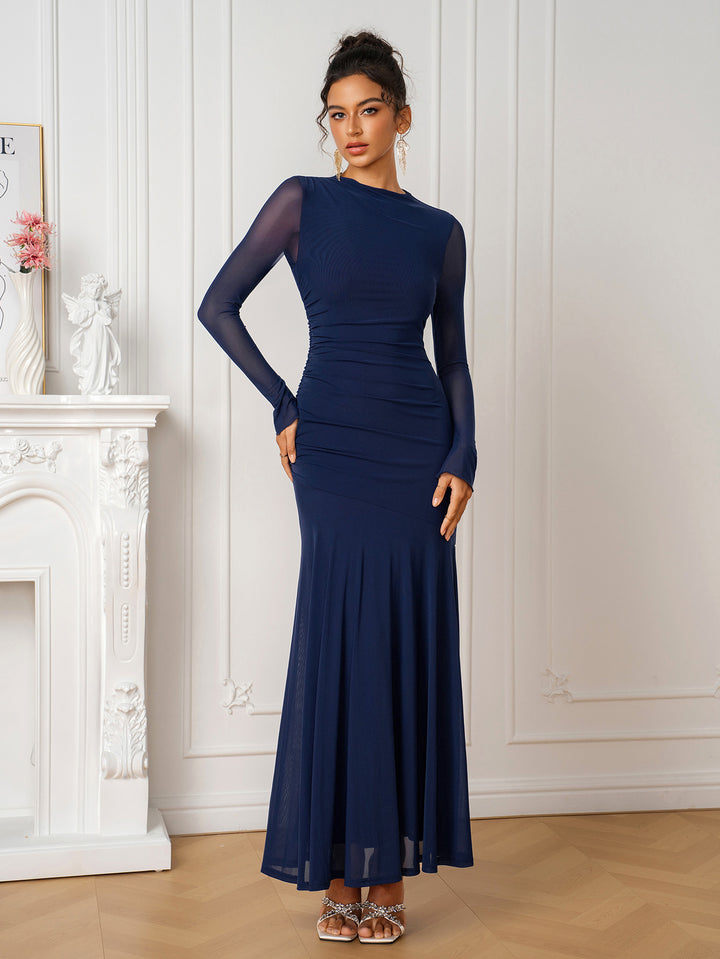 Mermaid Ruched Long Sleeve Solid Mesh Dress