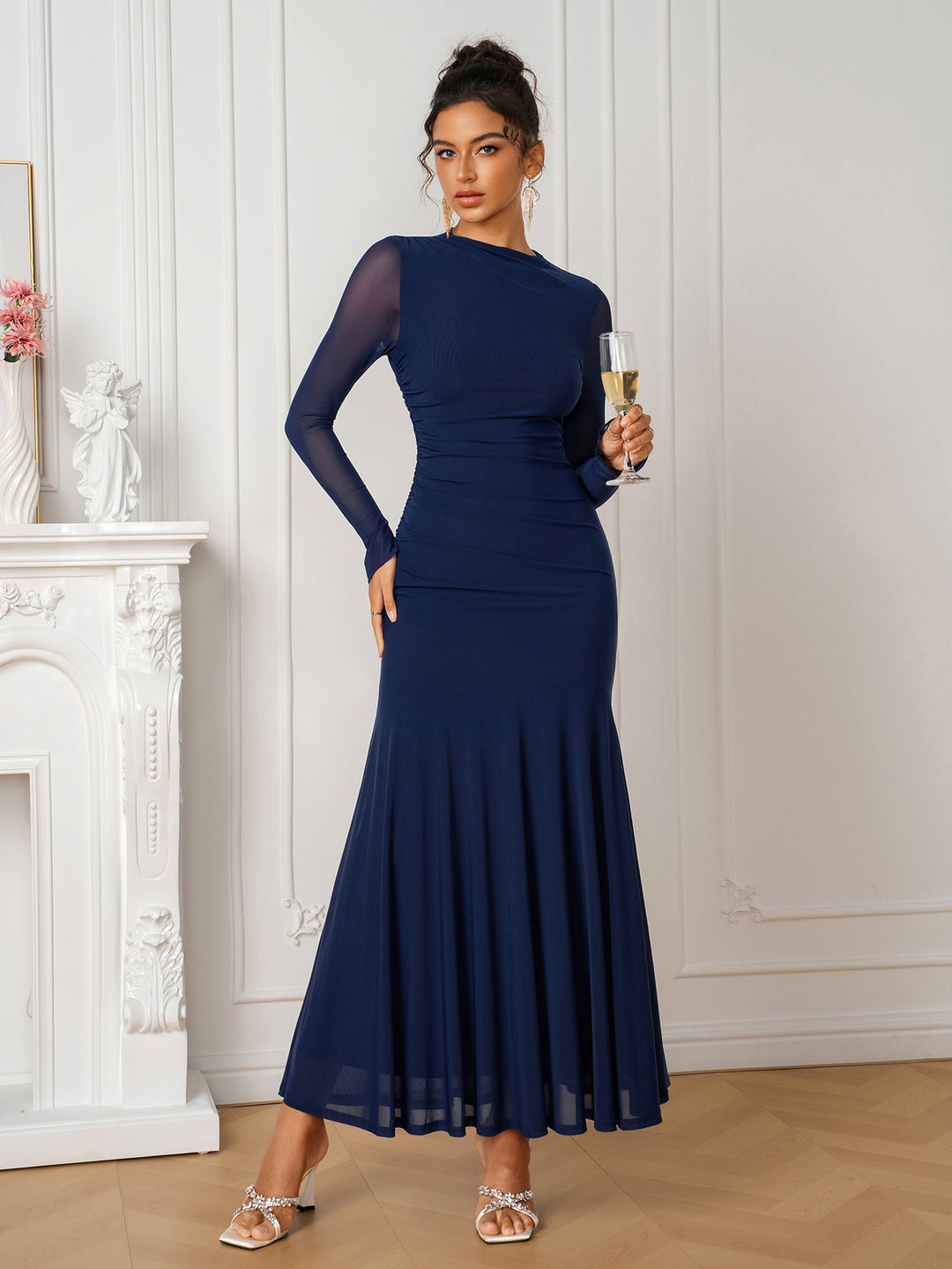 Ruched Long Sleeve Mermaid Solid Mesh Dress
