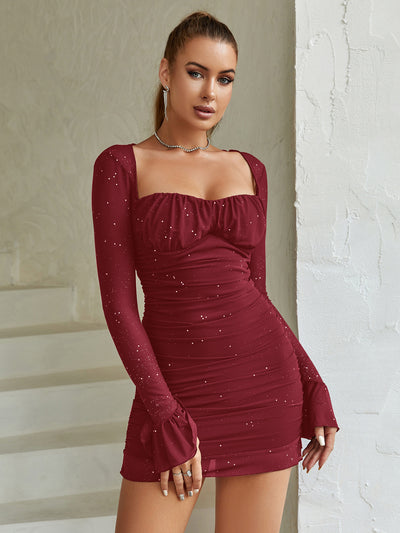 mesh flounce long sleeve sparkly mini dress#color_wine