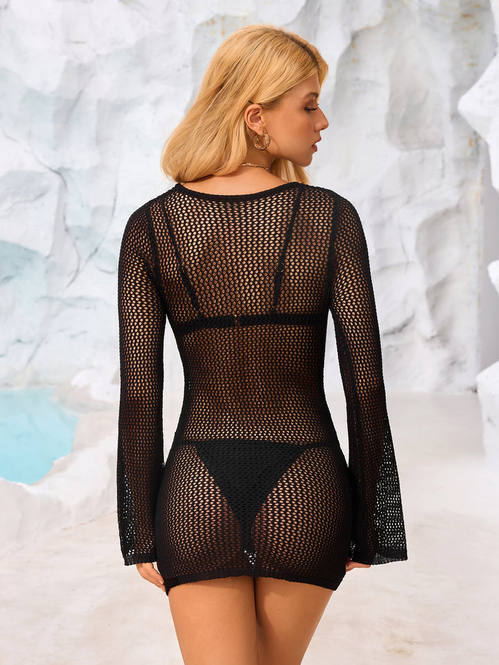 Metal Decoration Knit Perspective Mini Dress#color_black