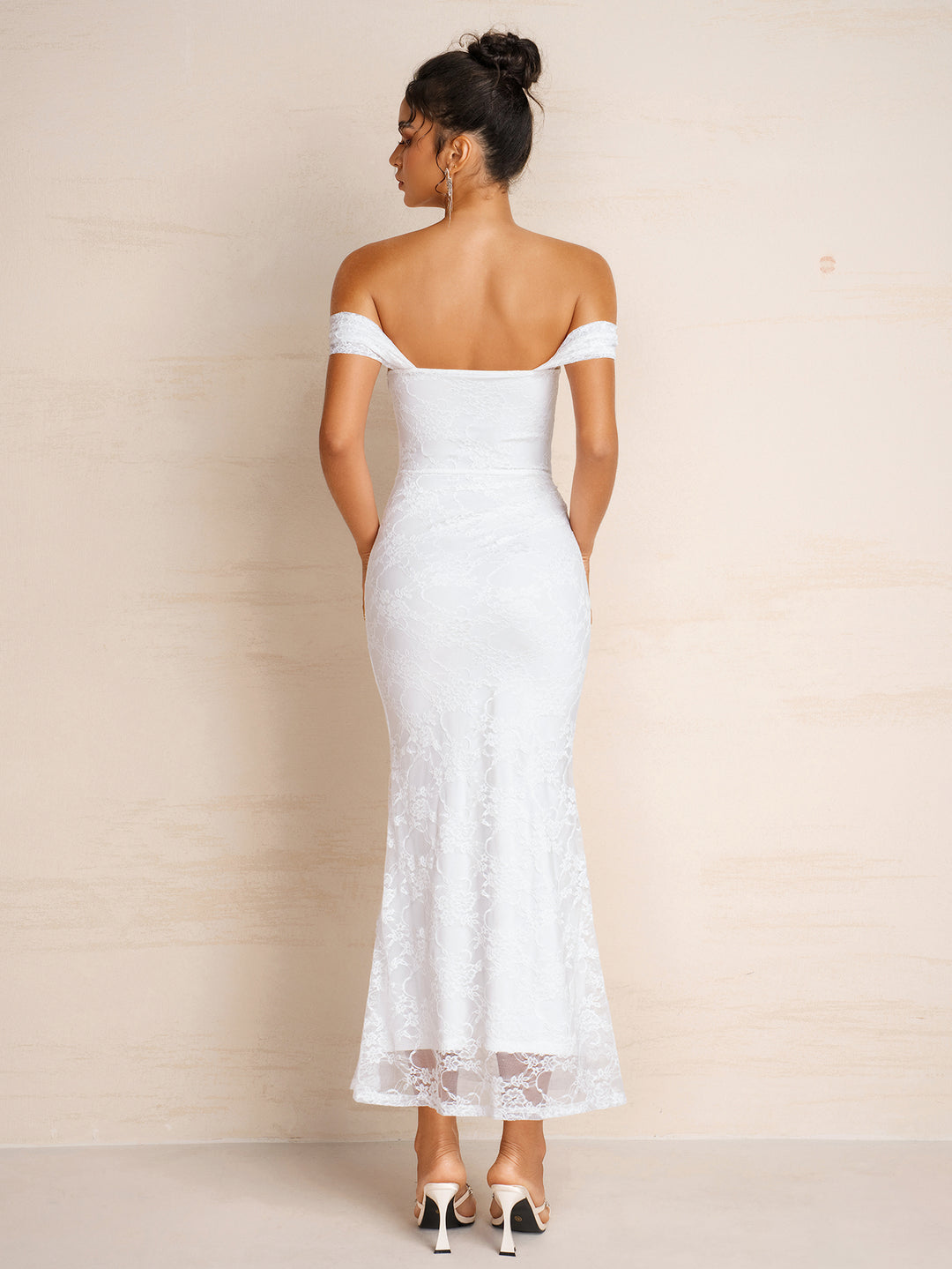 Off Shoulder Ruched Backless Lace Maxi Dress