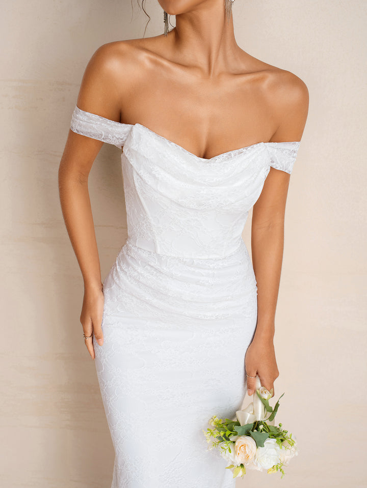 Ruched Backless Off Shoulder Lace Maxi Dress