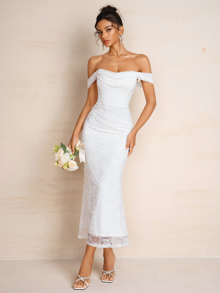 Ruched Off Shoulder Backless Lace Maxi Dress
